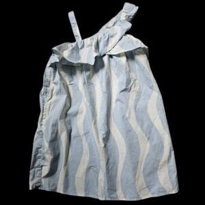 FREE ASSEMBLY Blue Striped Ruffled Neckline Dress Girls Size 6 6X Pockets